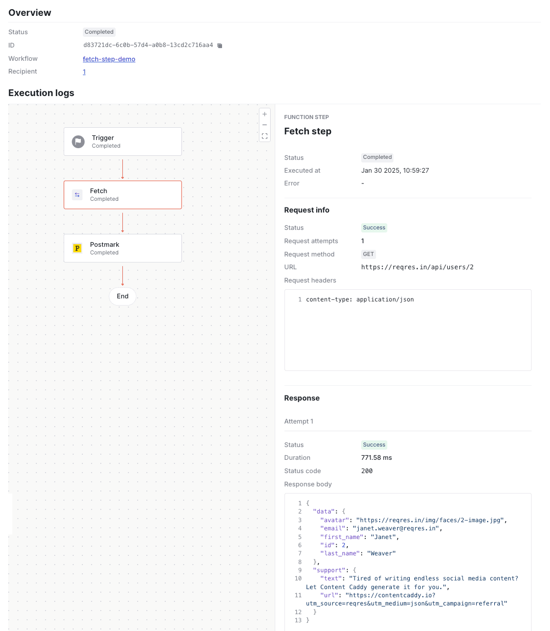 Viewing log details for a successful fetch function step.